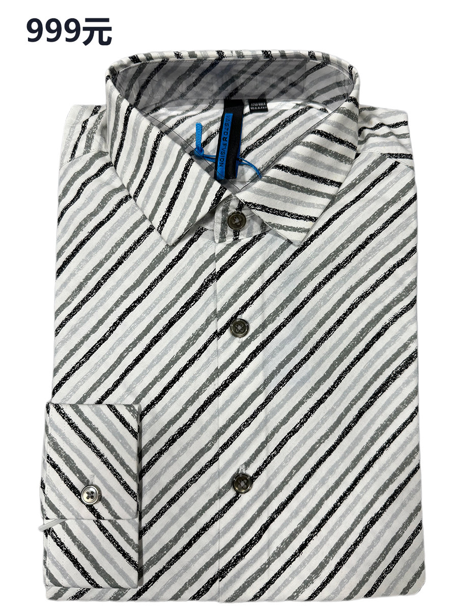 商场正品撤柜999元纯棉长袖 男衬衫时尚条纹修身透气潮流尖领日常