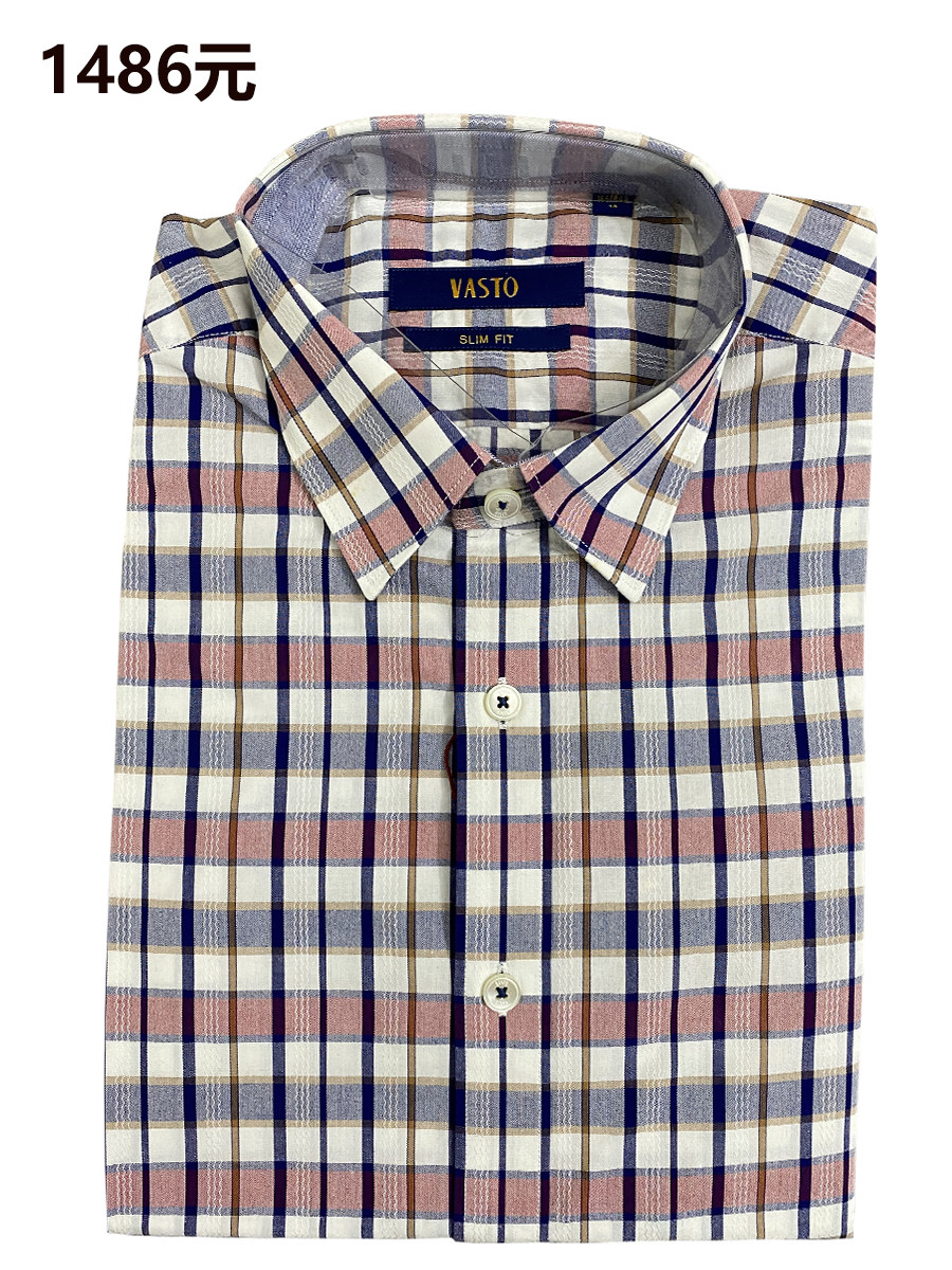 商场同款正品原1486元男士短袖纯棉格子衬衫修身时尚尖领商务休闲