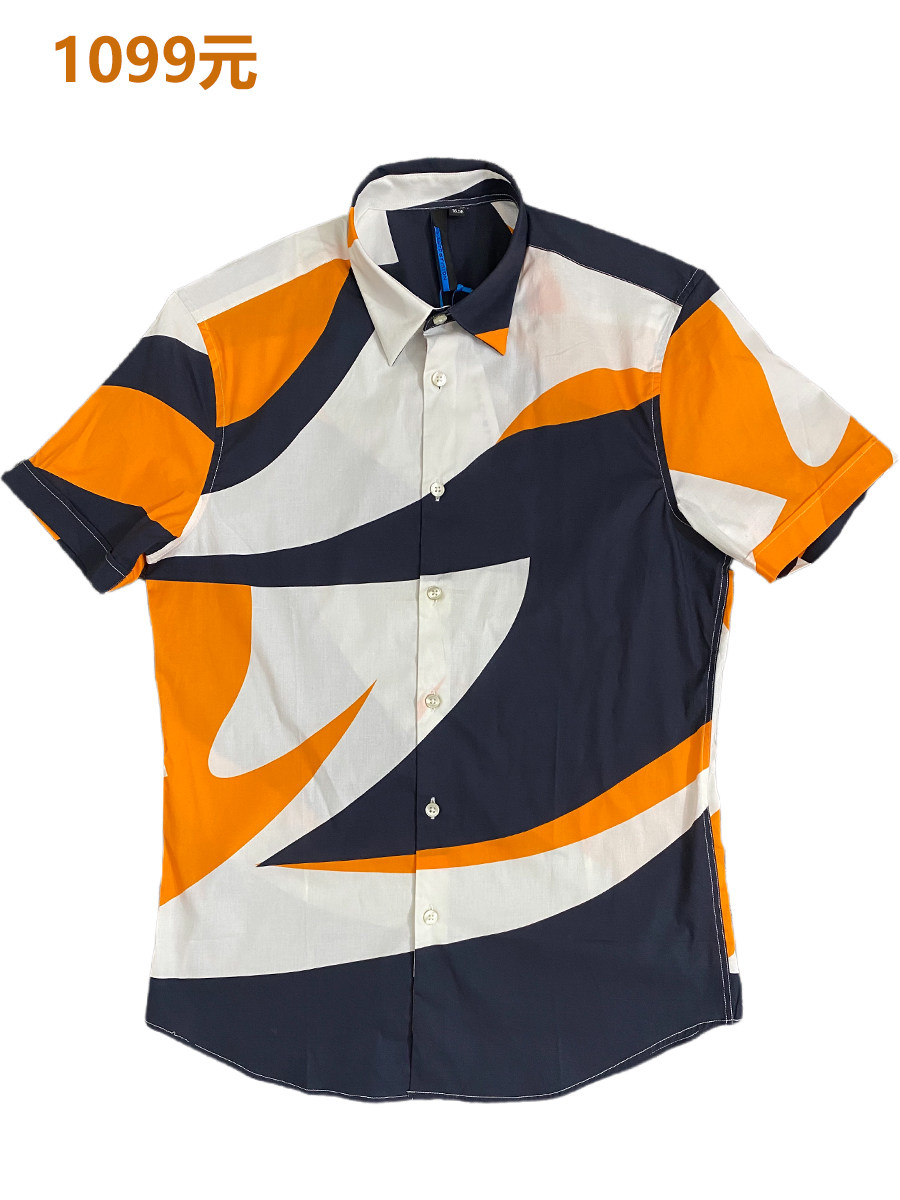 品牌正品撤柜1099元男士时尚纯棉 短袖衬衫流行印花休闲 修身尖领