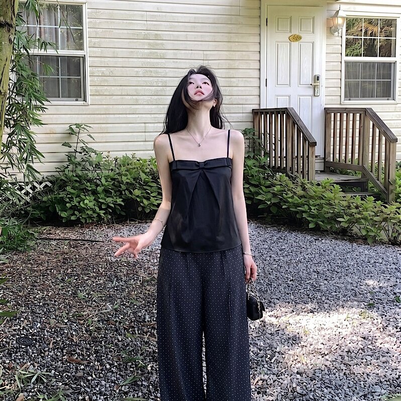高级感蝴蝶结褶皱吊带背心女夏季辣妹黑色细肩带显瘦气质无袖上衣