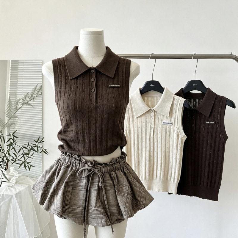 兔暖暖 2K学院风polo领无袖针织背心花苞裙裤女夏季套装ootd