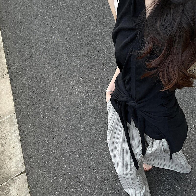 气质高级套装黑色无袖针织背心女夏季撞色条纹休闲裤长裤两件套