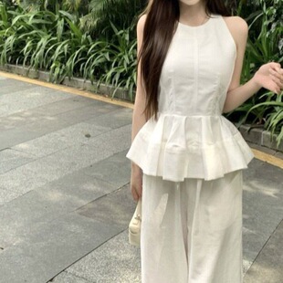 甜美新款套装边白色无袖背心女夏季休闲阔腿裤长裤气质两件套