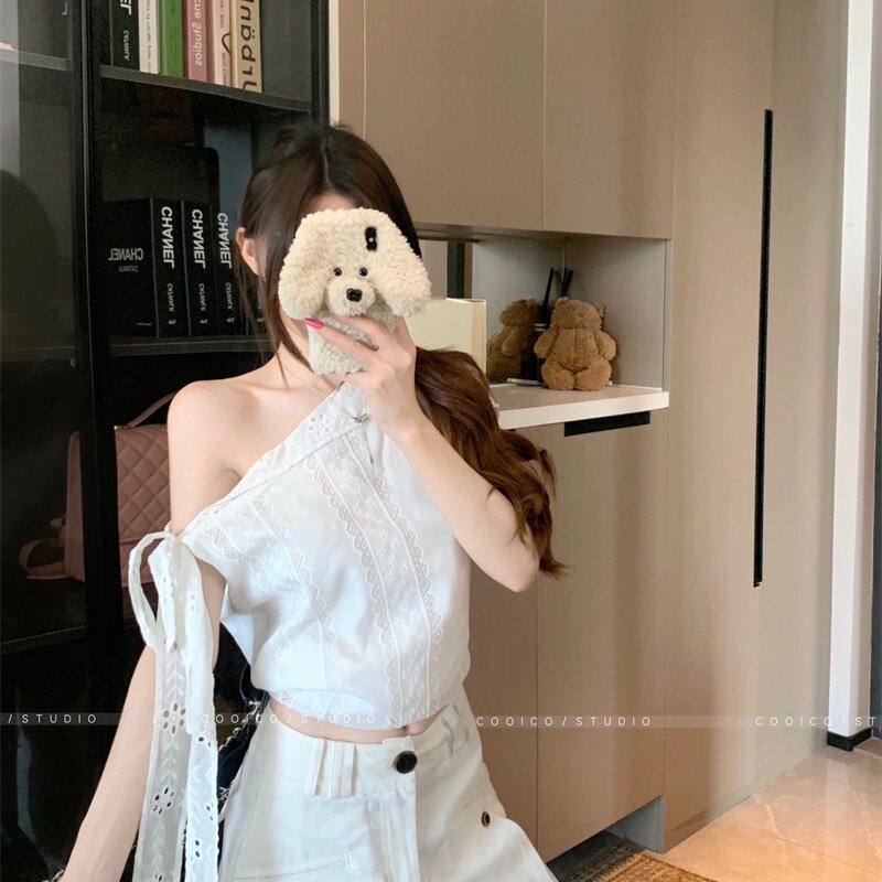 不规则绑带斜肩短袖蕾丝衬衫女装夏季修身白色设计感纯欲显瘦上衣