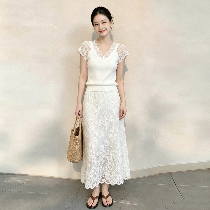 春夏温柔高腰A字蕾丝显瘦套装