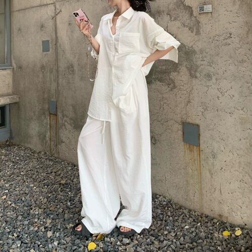 气质白色olo领衬衫上衣松弛感套装女夏季时尚休闲阔腿裤子两件套
