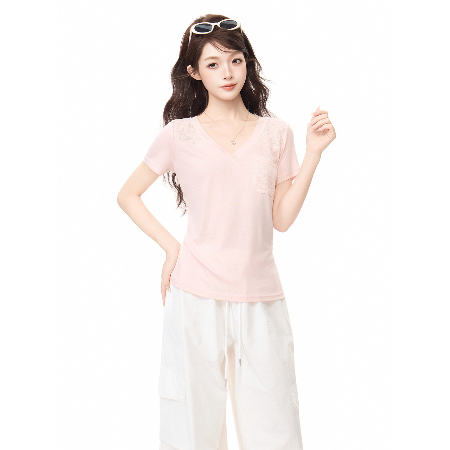 粉色甜美V领网纱口袋短袖正肩T恤女夏季辣妹收腰显瘦修身百搭上衣