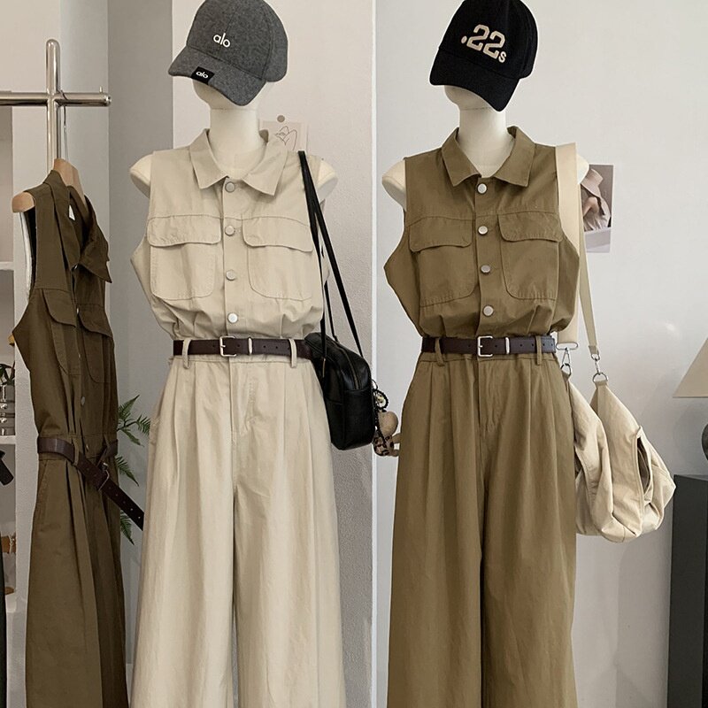 KEKEZOON 无袖工装连体裤女高腰纯色阔腿长裤夏季新品配腰带
