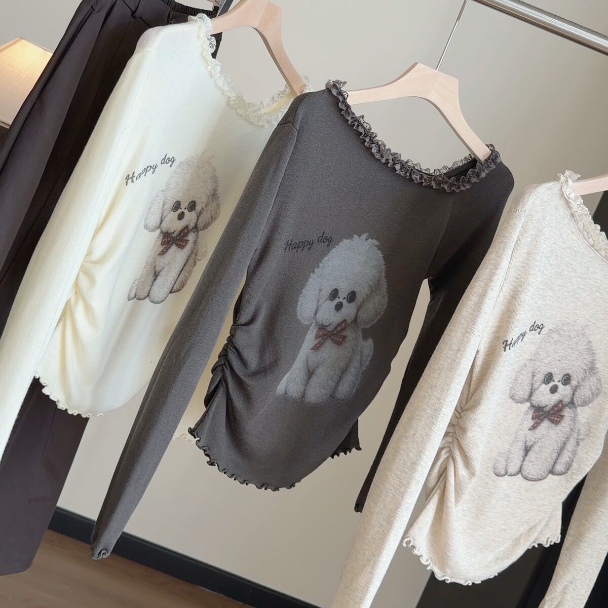 韩系蕾丝花边斜肩长袖针织衫女秋季纯欲一字肩修身显瘦打底衫上衣