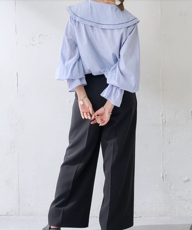 原单 春秋款女生纯色镂空领衬衫宽松大码娃娃领长袖上衣纯棉衬衣