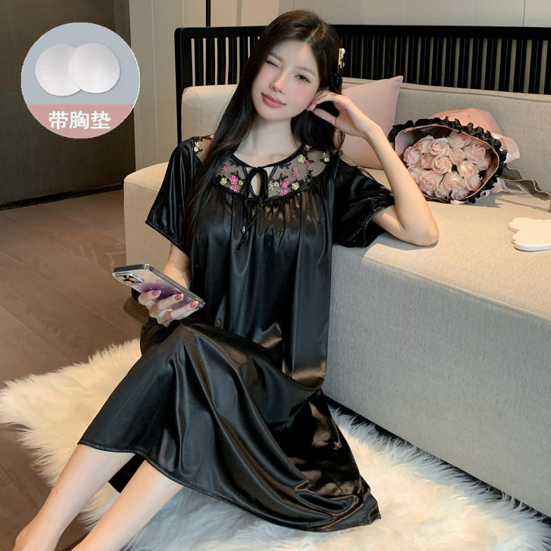 带胸垫睡衣女士夏季冰丝绸短袖大码胖mm宽松免穿文胸罩连衣裙睡裙图片