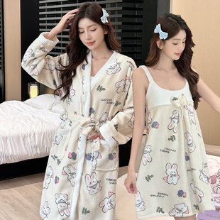 睡袍珊瑚绒冬季女士加绒毛法兰绒吊带睡裙浴袍家居睡衣小个子长袖