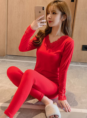 本命年保暖内衣套装女蕾丝