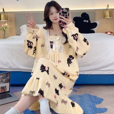 珊瑚绒加绒加厚睡衣女士可爱风冬装软糯套头可出门外穿长款绒睡裙