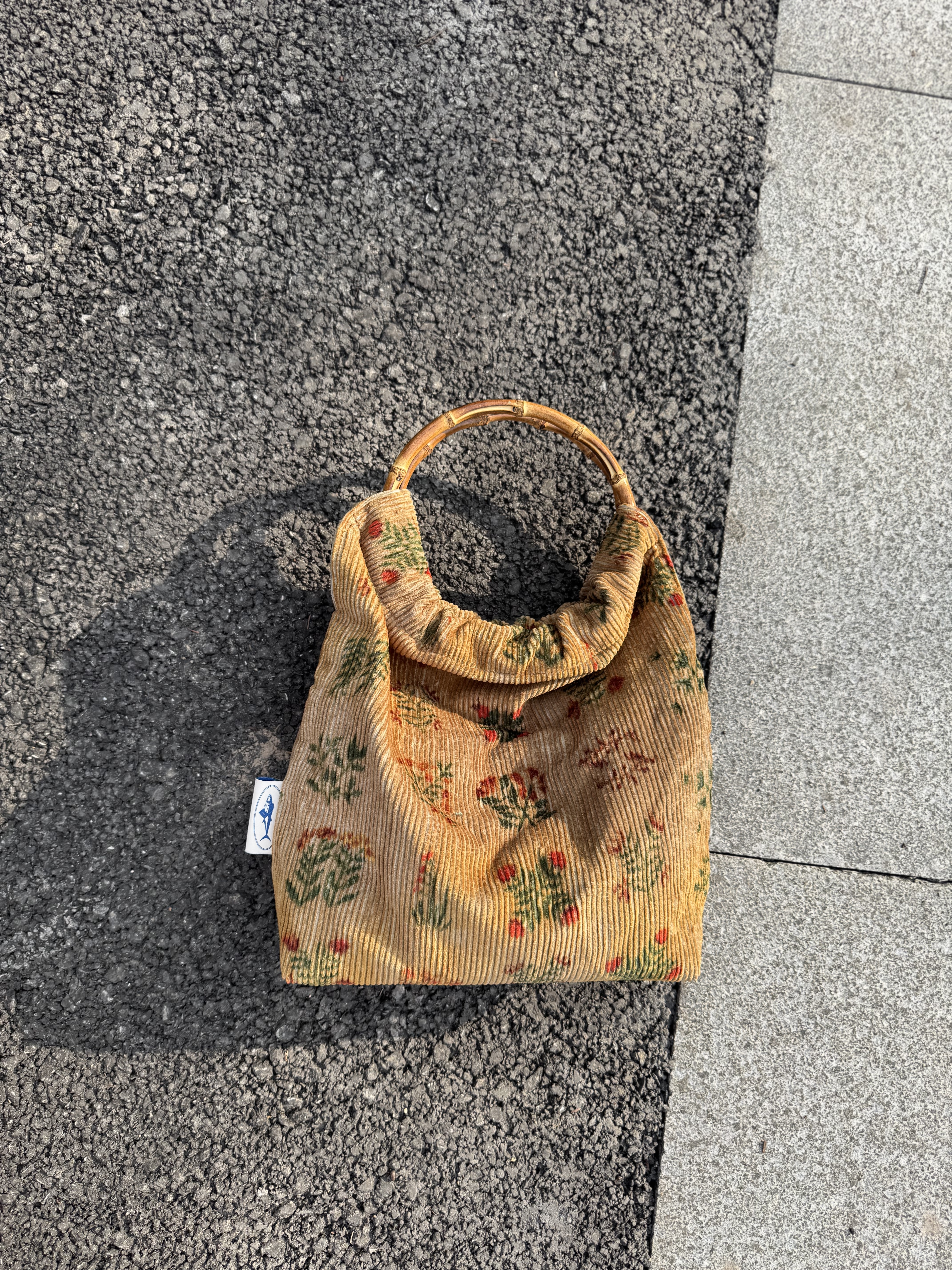 鱼家灯芯绒卡其小花双层竹节手提包腋下包