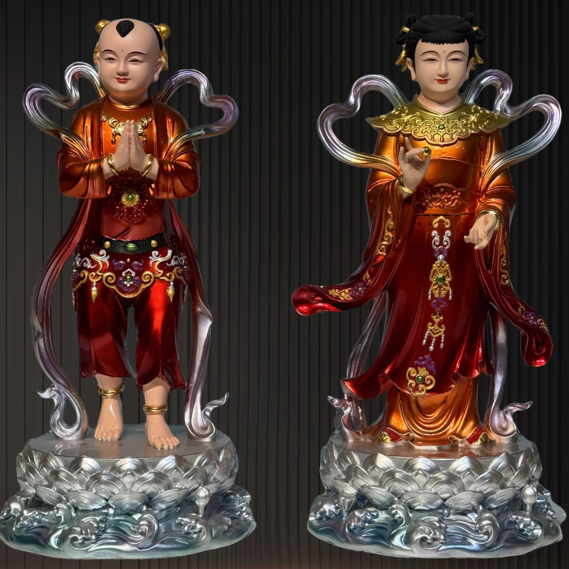 金童玉女神像观音菩萨左右摆件童男童女铜彩款善财龙女善财童子