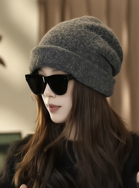 大头围包头毛线帽子女款2025新款秋冬季显脸小亮片灰色冷帽堆堆帽