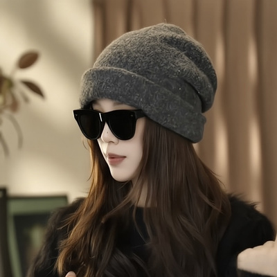 大头围包头毛线帽子女款2025新款秋冬季显脸小亮片灰色冷帽堆堆帽