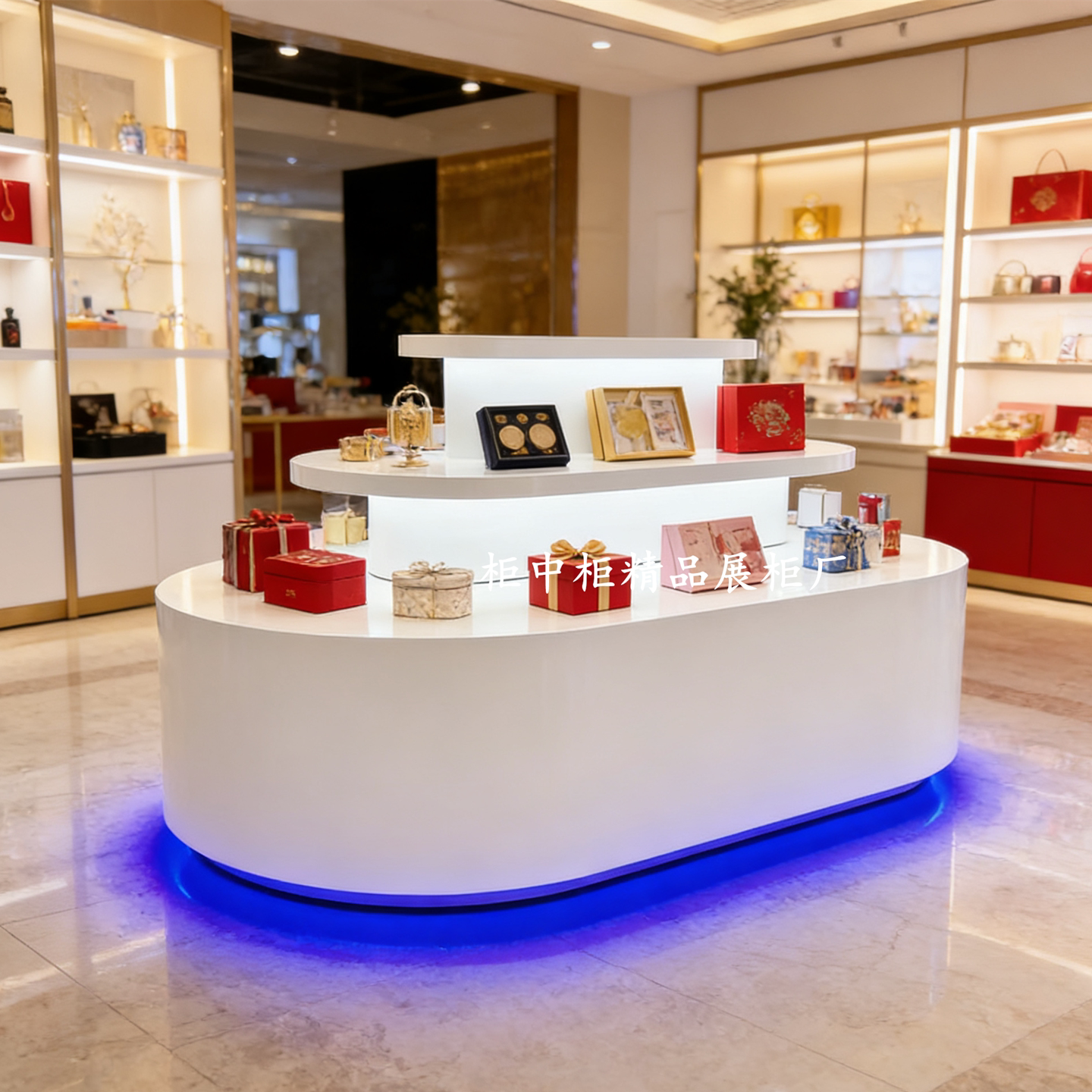 公司展厅产品展台中岛样品展示柜礼品鞋子店展示台烤漆发光柜定制