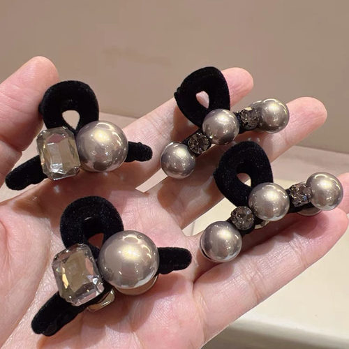 2025春夏新款高级感丝绒前额边夹黑色韩版珠珠刘海小抓夹时尚发卡