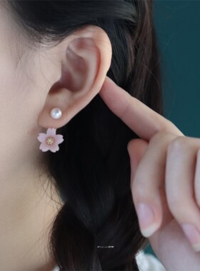 粉红色樱花耳饰春季新款原创两戴软陶手工耳环s925纯银气质甜美