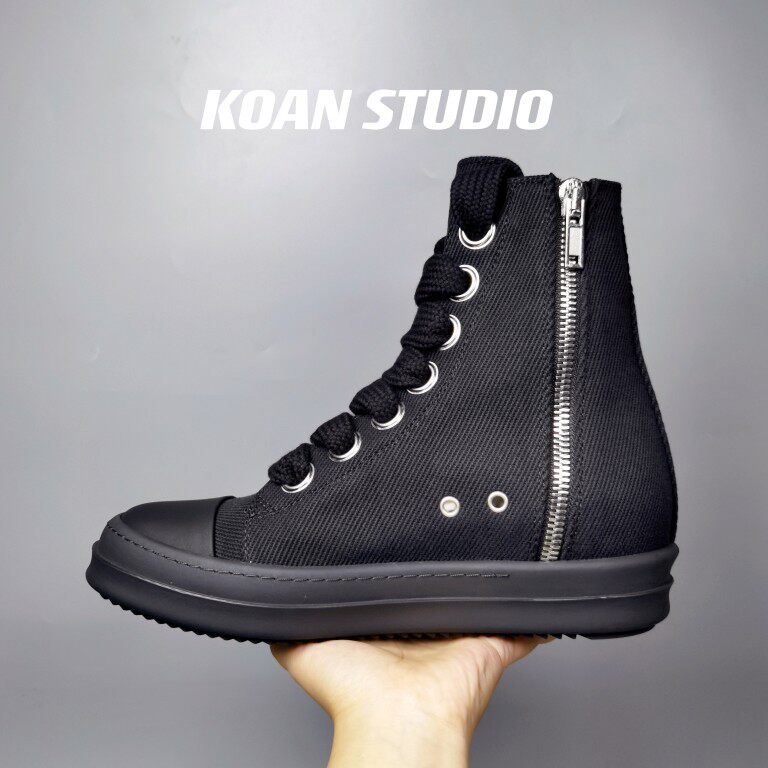 KOAN自制  全黑粗斜纹高帮DK粗鞋带RO情侣硬底鞋厚底休闲鞋TPU底