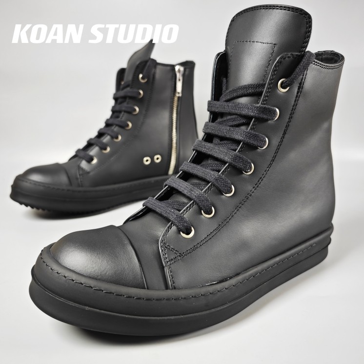 KOAN自制 全黑粒面牛皮高帮黑头RO板鞋 情侣款tpu底厚底鞋硬底鞋