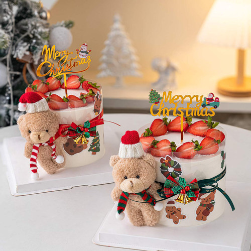2026圣诞节毛绒围巾小熊蛋糕装饰摆件平安夜快乐亚克力烘焙插件