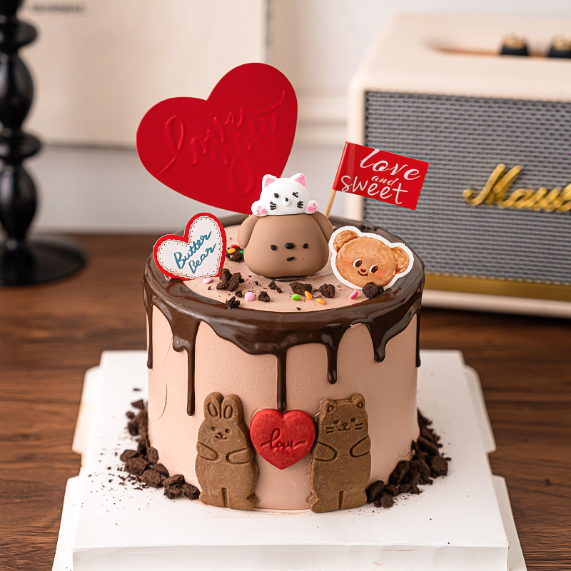 七夕情人节蛋糕装饰可爱小熊小猫叠叠乐摆件熊兔爱心饼干love插件