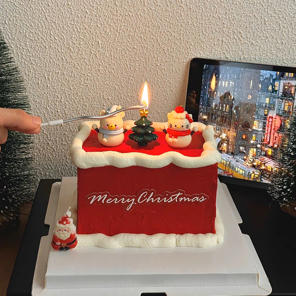 2026圣诞节卡通小猫小熊蛋糕装饰摆件老人圣诞树蜡烛烘焙插件配件