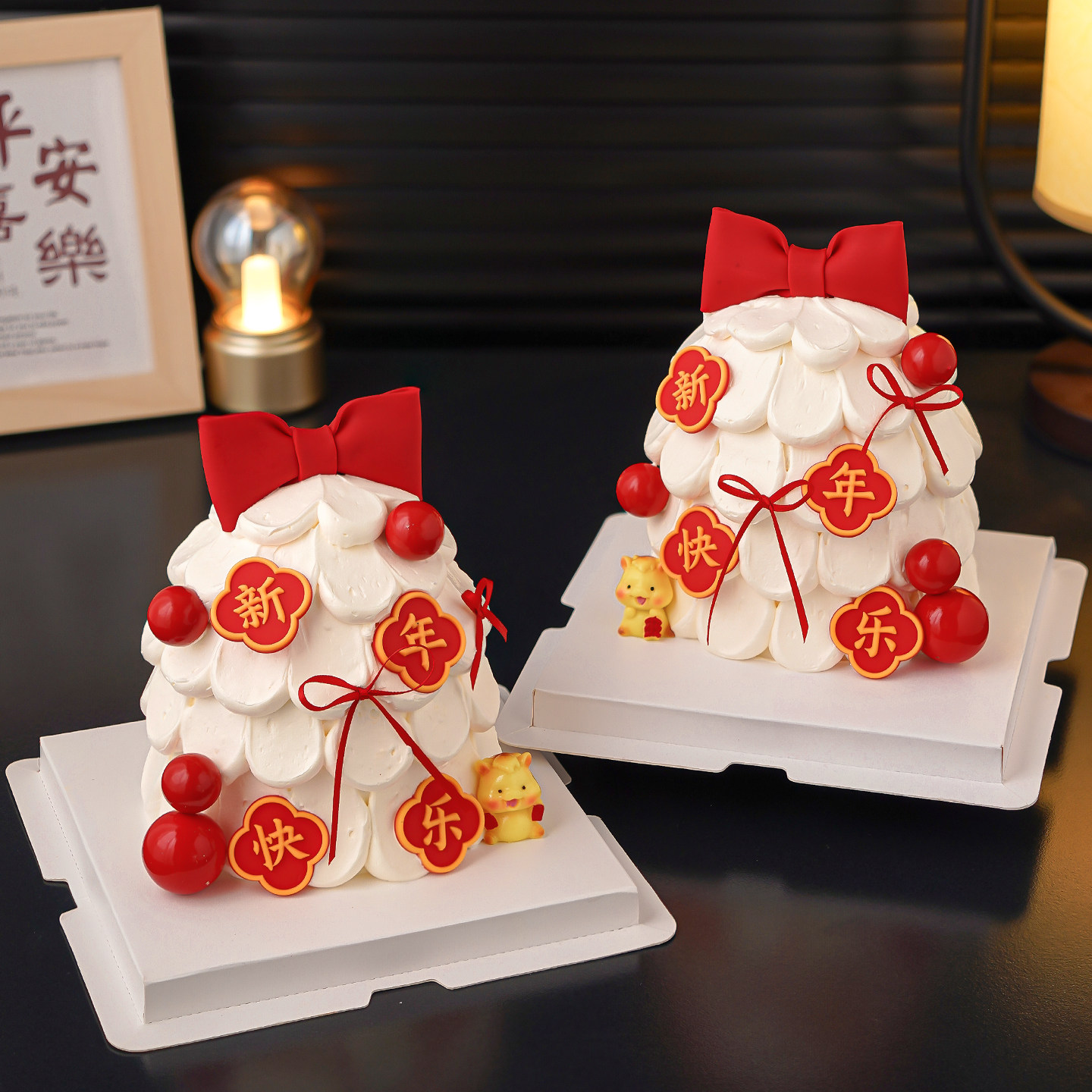 2026新年快乐蛋糕装饰红色蝴蝶结许愿树可爱马宝宝节日派对插件