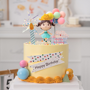 饰可爱猫咪女孩摆件网红韩式 儿童生日蛋糕装 复古生日快乐卡通插牌