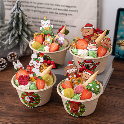 2026圣诞节创意纸浆碗蛋糕装饰圣诞快乐卡通小熊小兔节日甜品插牌