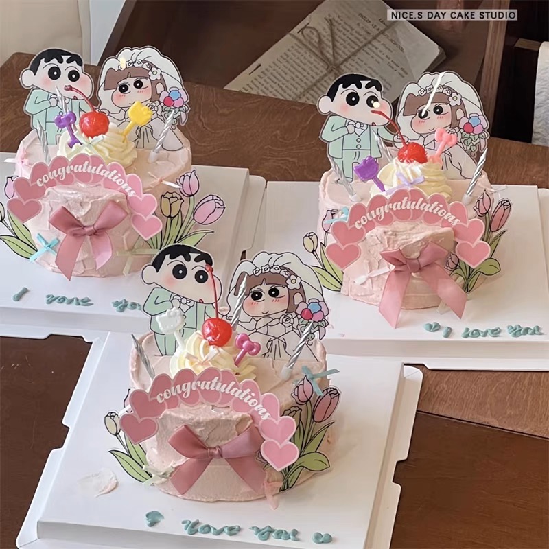 七夕情人节网红蜡笔小新蛋糕装饰摆件插卡求婚订婚结婚宴甜品插件