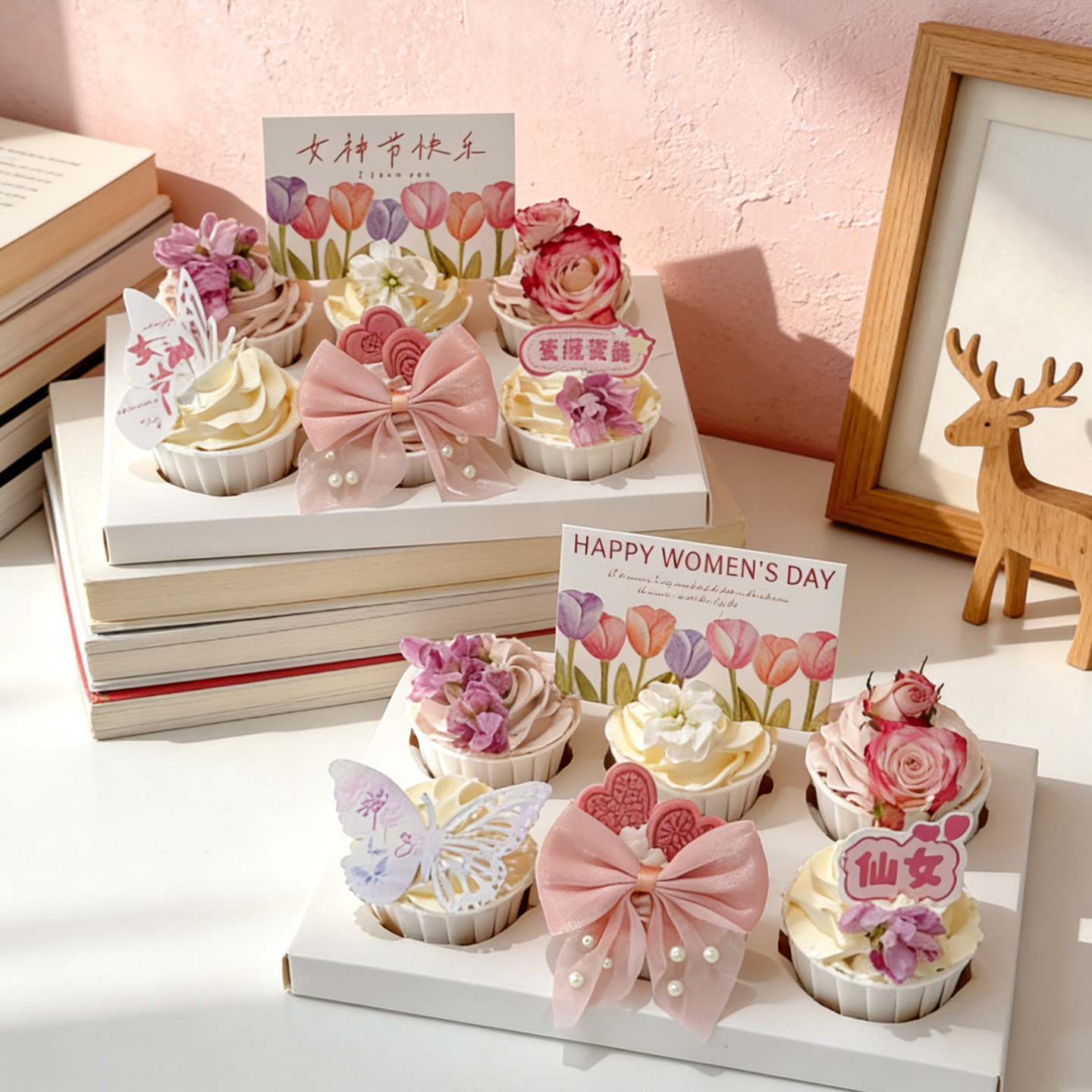 38妇女节鲜花纸杯蛋糕装饰亚克力蝴蝶女神节快乐郁金香卡片插件