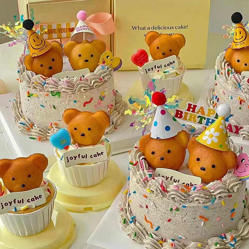 六一儿童节玛德琳小熊头纸杯蛋糕装饰卡通可爱迷你生日帽烘焙插件