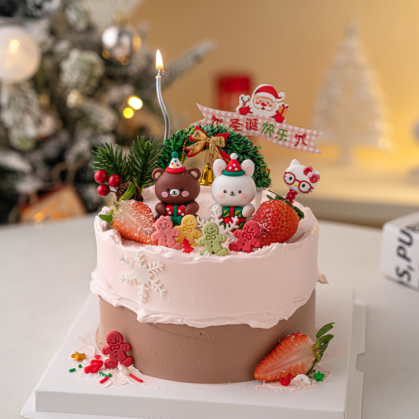 2026圣诞节礼物盒小熊小兔蛋糕装饰摆件圣诞快乐横幅老人插旗装扮