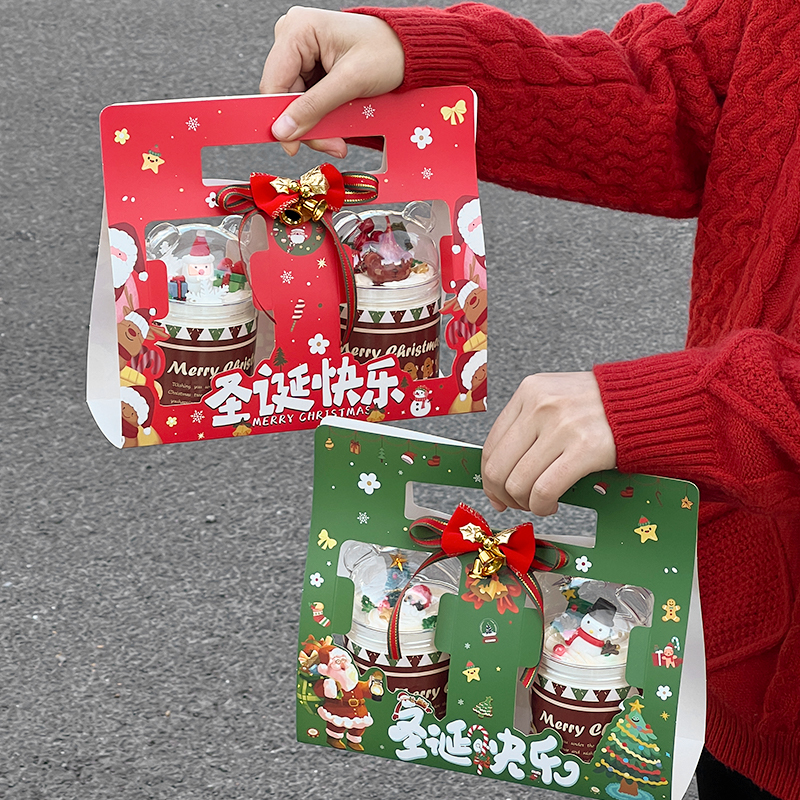 2026圣诞节熊头罐蛋糕装饰绒布蝴蝶结铃铛圣诞老人红绿手提包装盒