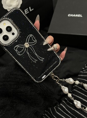 日韩ins风黑色闪粉蝴蝶结适用iPhone16promax手机壳新款苹果15Pro小众高级感14pm带手腕绳13个性防摔保护壳