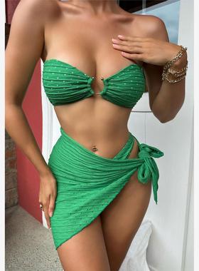 过渡性感ZONE沙滩度假绿色耀眼抹胸式三件套罩裙欧美ins风比基尼