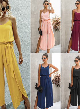 亚马逊热卖新款2020欧美夏时尚侧开叉阔腿女士大码吊带连体长裤子