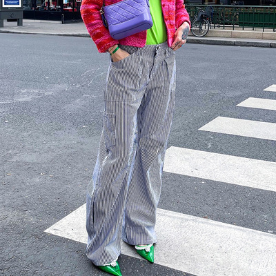 20早秋欧美新款长裤竖条纹宽