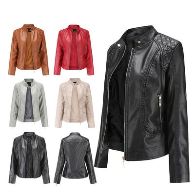 Autumn women leather jacket stand collar motorcycle Pu coats