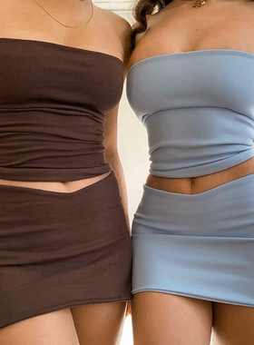 过渡性感ZONE气质蓝色清新简约套装抹胸半身短裙辣妹套裙欧美街头