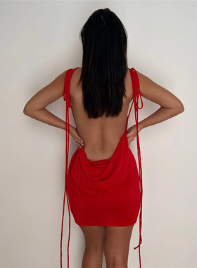 过渡性感 红色弹力绑带连衣裙女ins欧美风露背堆堆领迷你包臀短裙