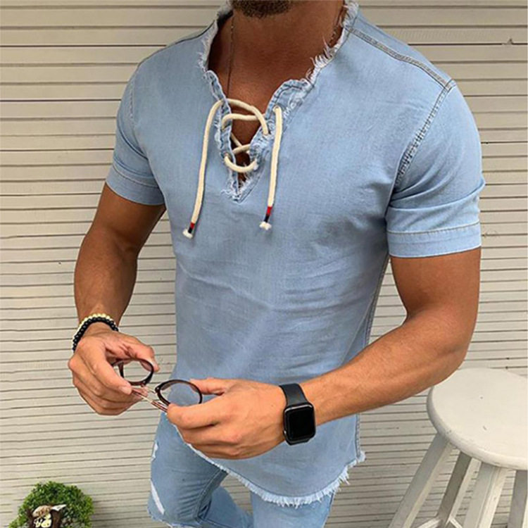 Men's denim T-shirt 男士牛仔衬衫系带流苏弹力男士牛仔衬衣男衫
