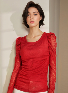 秋季帛逸田园纯色修身甜美低圆领长袖蕾丝常规大红色体恤衫打底衫
