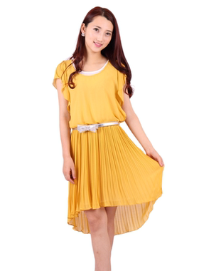 夏季帛逸套头雪纺淑女圆领荷叶袖百褶皱燕尾惊艳短袖中长裙连衣裙