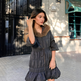 直筒松紧弹性棉衣棉服女装 冬季 中长款 貉子毛领连帽拉链七分袖 时尚