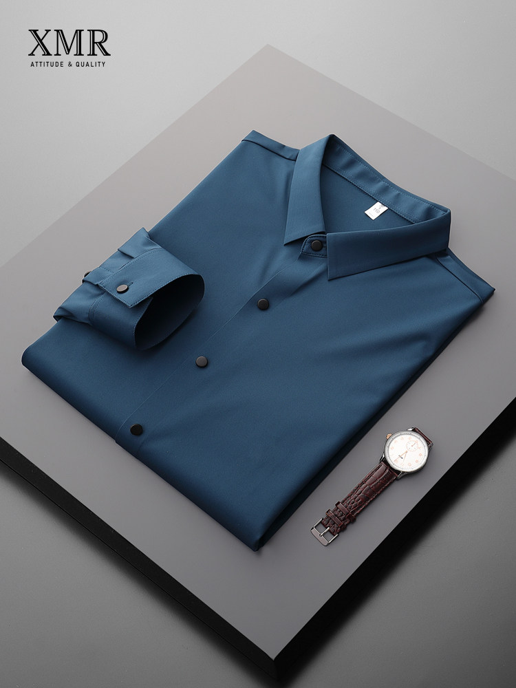 High-end professional shirt Men's solid long sleeve stretch anti-wrinkle ironing shirt Black slim business dress top